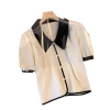 Real photo of plus-size women's clothing 2022 summer new Korean-style fashionable lapel puffed-sleeve apricot top design sense T-shirt Item Picture